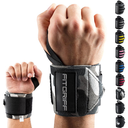 Fitgriff® Wrist Wraps for Weightlifting (18") Heavy-Duty Support for Gym, Bench Press, and Pushups (1 Pair) - for Men and Women (Grey-Camo)