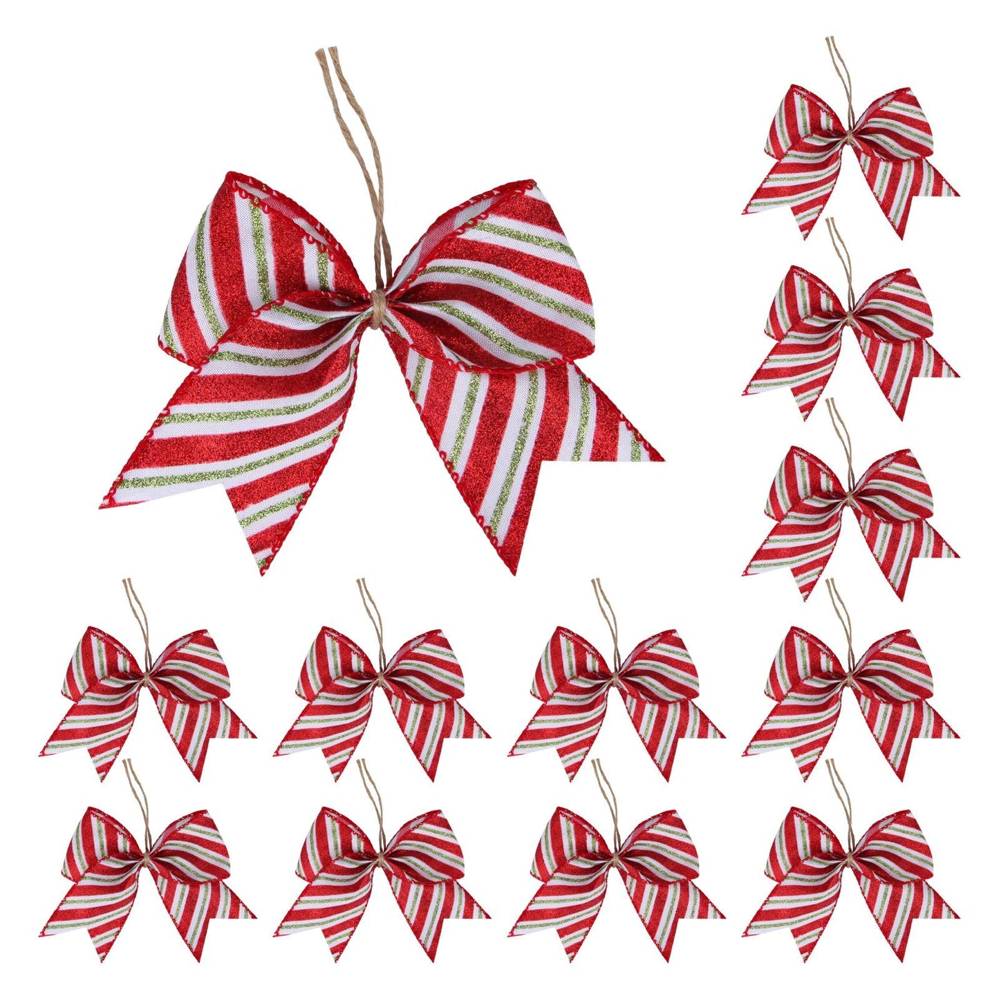 Meseey 12 Pcs Christmas Candy Cane Bows 6 Inch Red and Green Glitter Stripe Lollipop Peppermint Hanging Christmas Wreath Bow for Xmas Door Garland DIY Candy Themed Party Supplies(Red Stripe)