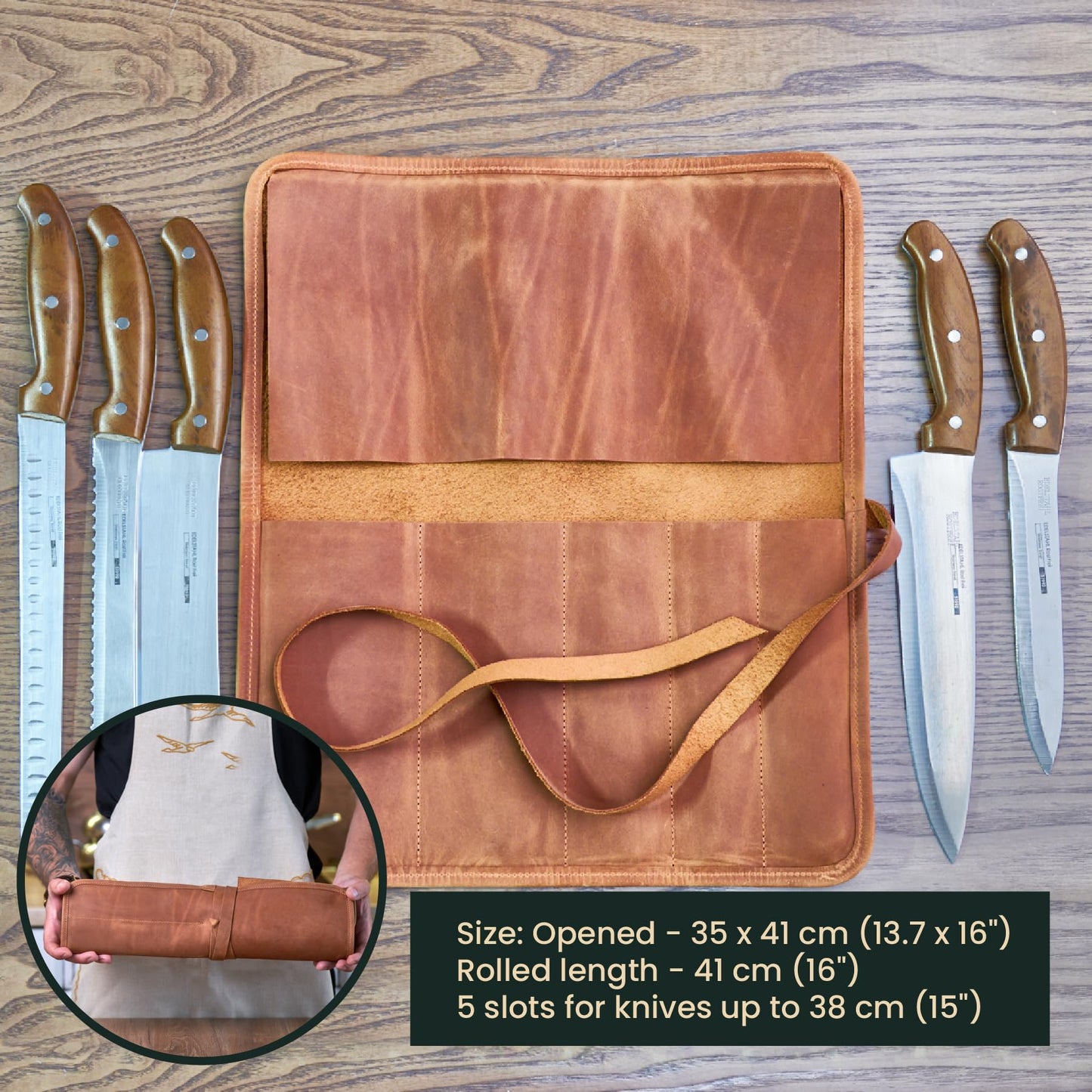 OMBUO Professional's Leather Knife Roll Bag, Leather Knife Roll For Chef, Caramel Brown