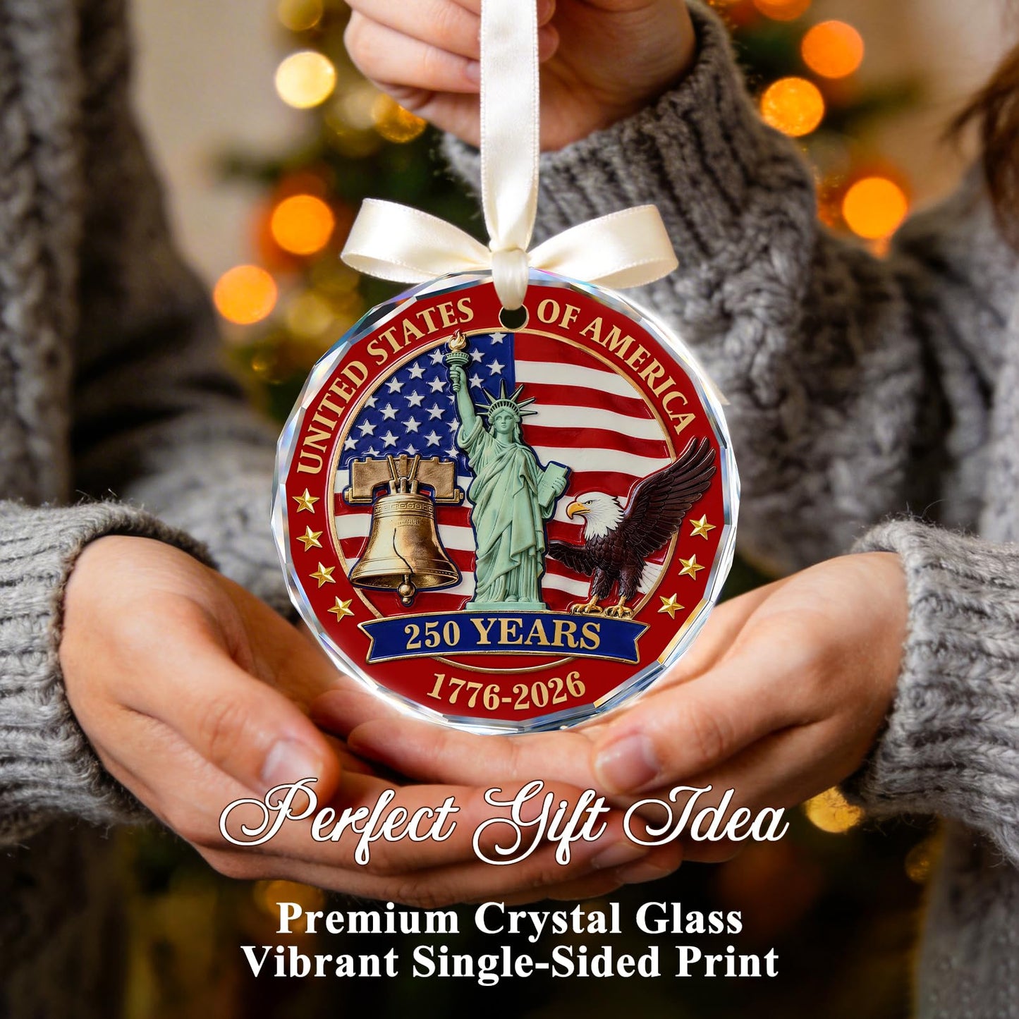 250 Anniversary USA Ornament for 4th of July Tree Decorations - Crystal Glass Patriotic Christmas Ornaments - 1776-2026 Bald Eagle Statue of Liberty Bell Keepsake - Independence Day Souvenir Gifts