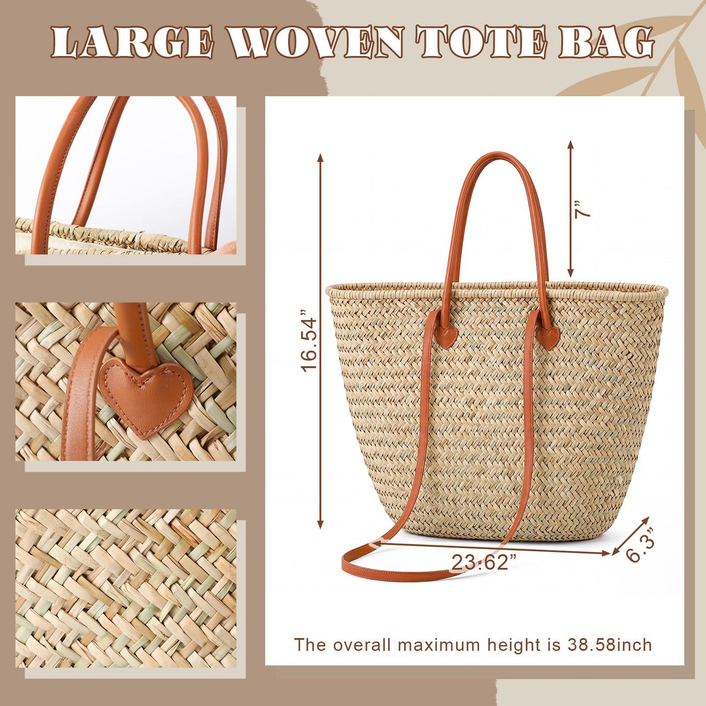Klyyo Clyro Oversized French Straw Basket Tote Bag with Leather Handles & Drawstring Liner, 25" Large Woven Beach Bag for Summer, Picnic, Market, Grocery Shopping, Travel & Bridal Shower