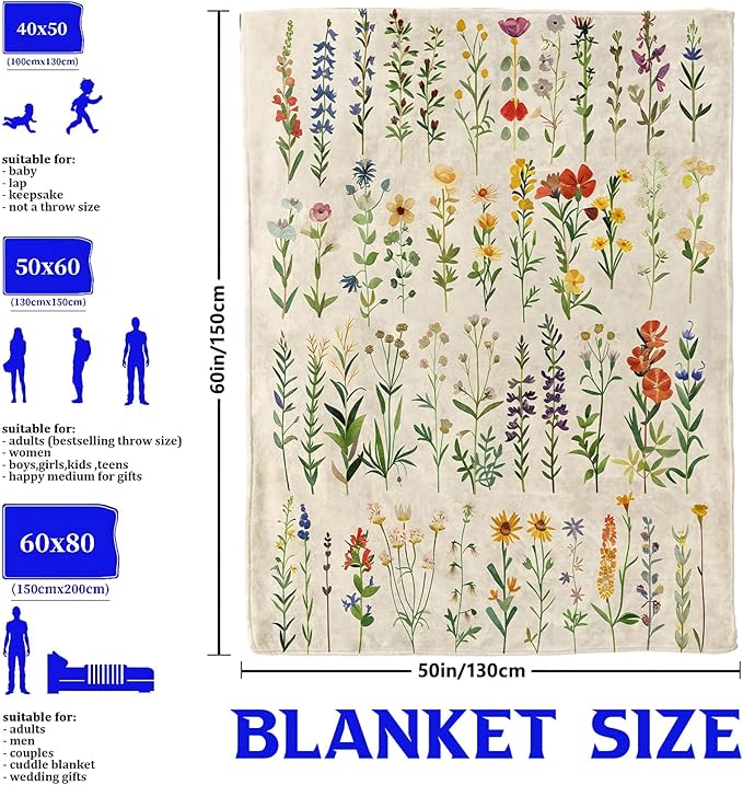 Wildflower Botanical Throw Blanket for Boys Girls Kids Adults Women, Fuzzy Warm Soft Cozy Flannel Blankets Gifts for Bedroom, Couch, Travel, Home Decor 50x60 in