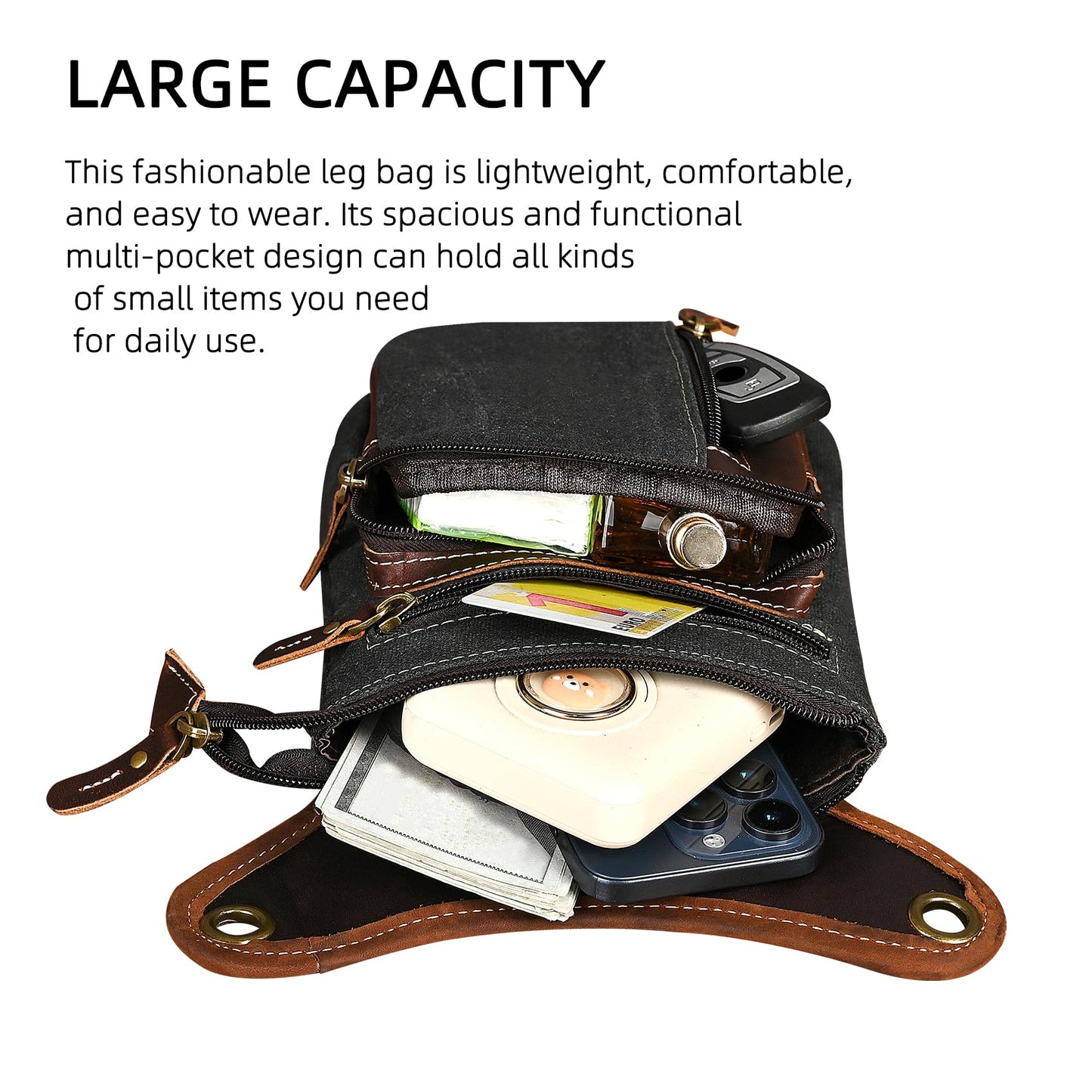 Handadsume Water Resistant Canvas + Leather Motorcycle Fanny Waist Pack One Shoulder Drop Leg Thigh Bag For Men Women FB211-6 (Z-211-11-Black)