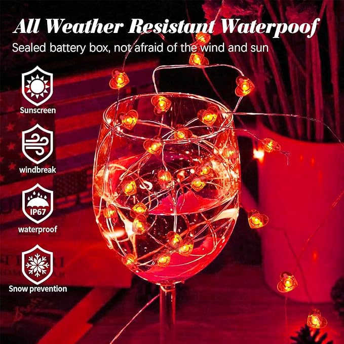 pozzolanas LED Heart Fairy Lights Battery Operated, 50 LED 17FT Copper Wire Mini String Lights Waterproof Starry Lights for Bedroom,Halloween,Christmas,Parties Wedding Decoration (Red, 1 Pack)