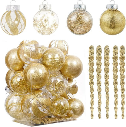 XmasExp 32ct Christmas Ball Ornaments Set -Gold Clear Plastic Shatterproof Xmas Tree Ball Decorations Hanging Baubles for Holiday Decor