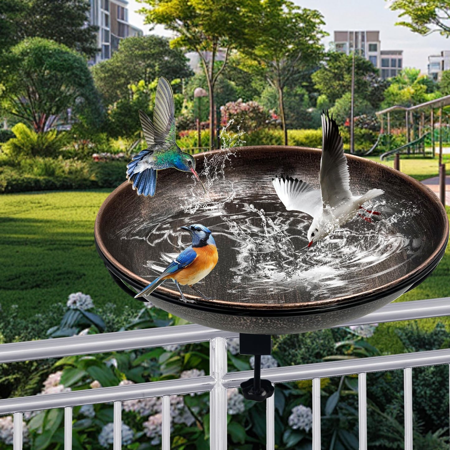 OUISJYER Deck Mounted Bird Bath, Easy to Clean12 Detachable Bath Bowl, Metal Birdbath for Outside with Sturdy Adjustable Clamp for Railing Balcony Fence Outdoor Decor 0.7 Gallon
