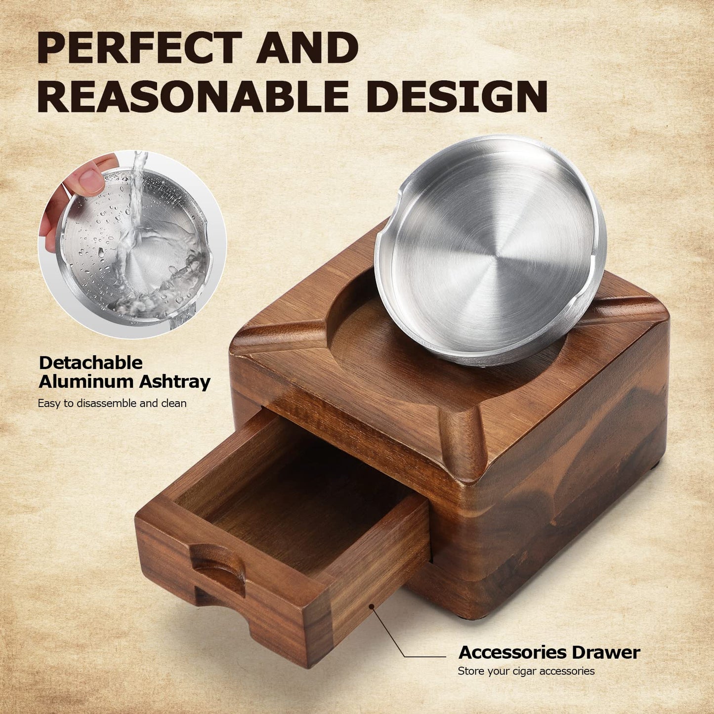 Tesonway Cigar Ashtray, Wooden Ashtray, Square Ashtray 4 Slots Cigar Holder with Accessories Drawer for Indoor Outdoor Patio Home Office, Personalized Cigar Gifts for Men