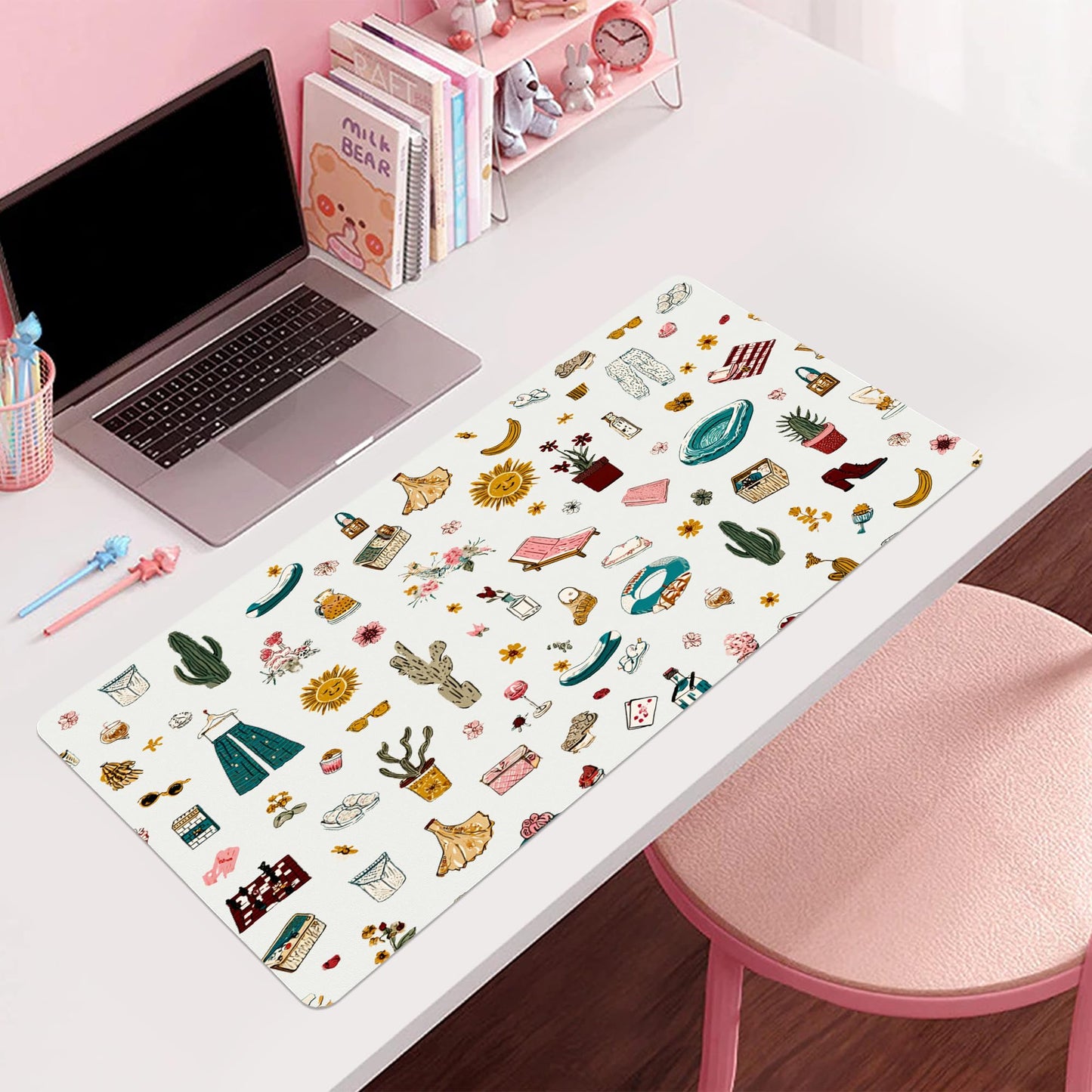 Idocolors Cow Girl Desk Mat, Cute Extended Gaming Keyboard Mouse Pad, Large Office Desk Cover Mat Pad Deskmat, Non-Slip Leather Home Office Desk Mat Protector 31.5"×15.7"