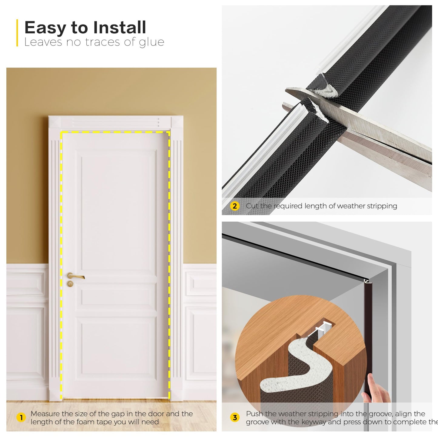 Weather Stripping Door Seal Strip - Soundproof Q-Shaped Foam for Exterior Door Frame, Large Gap Seal, Noise Cancelling, Easy to Install (Black, 26FT)