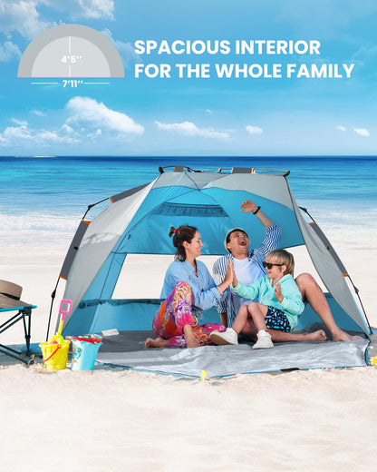 OutdoorMaster Pop Up Beach Tent for 4 Person - Easy Setup and Portable Beach Shade Sun Shelter Canopy with UPF 50+ UV Protection Removable Skylight Family Size - Ocracoke Coast