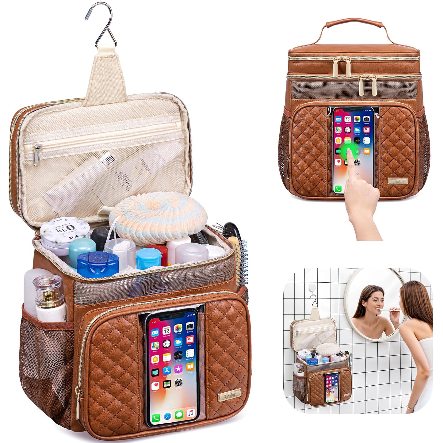 Large Leather Toiletry Bag for Women Men,Bathroom Bag,Water Resistant Shower Bag,Makeup Bag,Portable Shower Caddy for College Dorm,Hanging Travel Toiletry Bag with Transparent Waterproof Phone Pocket