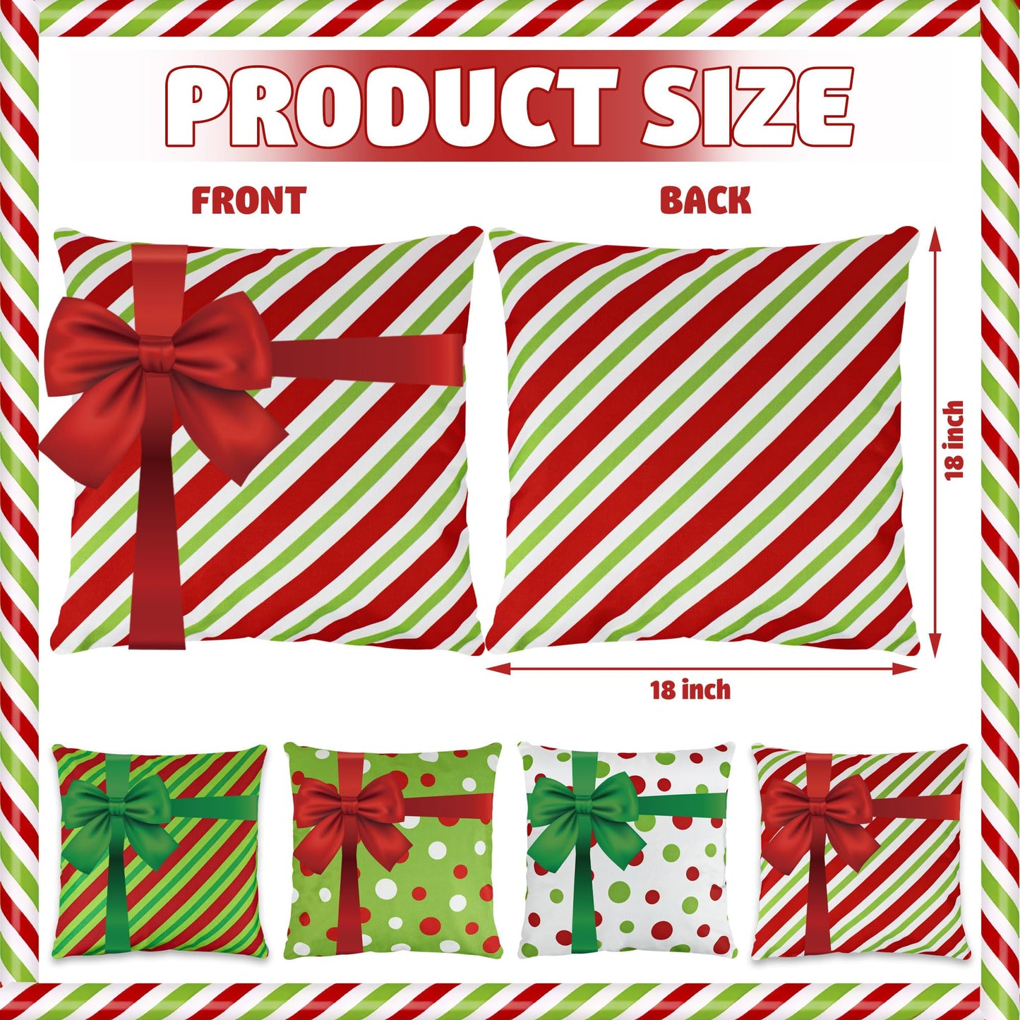 peony man Christmas Pillow Covers 18 x 18 Inch 3D Bows Throw Pillow Cases Outdoor Christmas Red Green Dot Stripe Decorative Cushion Covers for Sofa Couch Winter Holiday Decoration, Set of 4
