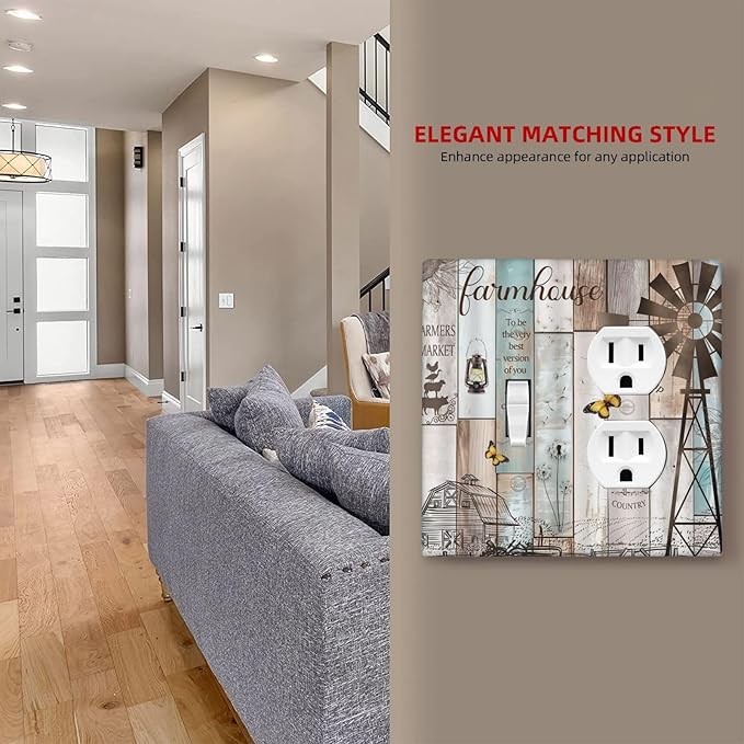 Decorative Light Switch Cover Plate Rustic Farmhouse Colorful Wooden Barn Door 2 Gang Outlet Covers 1 Toggle 1 Duplex Wall Plate Decorate Electrical Switch Plate Covers for Kitchen Home Decor
