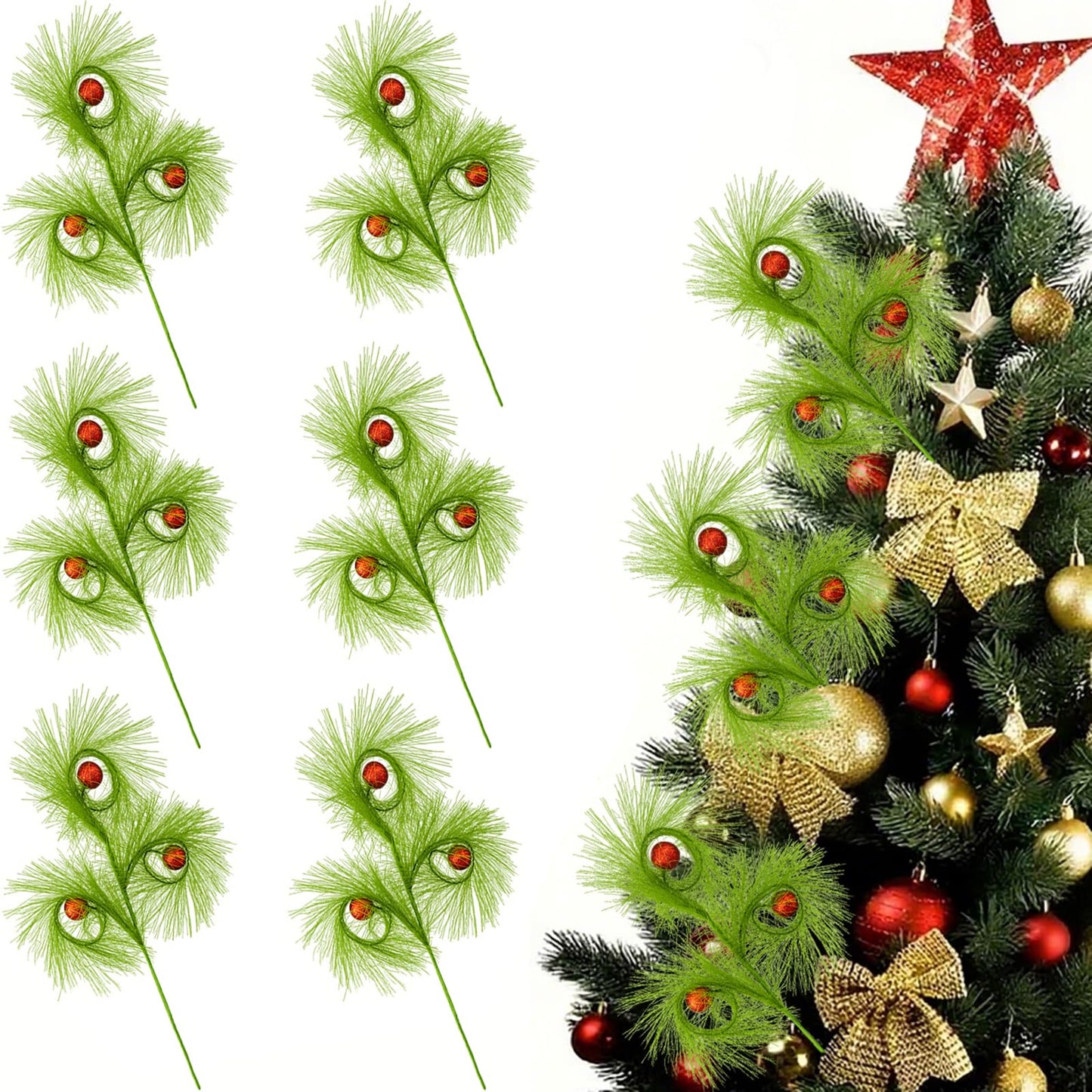6 PCS 17" Christmas Tree Topper Christmas Floral Picks with 3 Red Ball,Xmas Artificial Flowers Wreath Green Stems,DIY Xmas Ornaments Crafts Winter Christmas Decorations Gift Wrapping