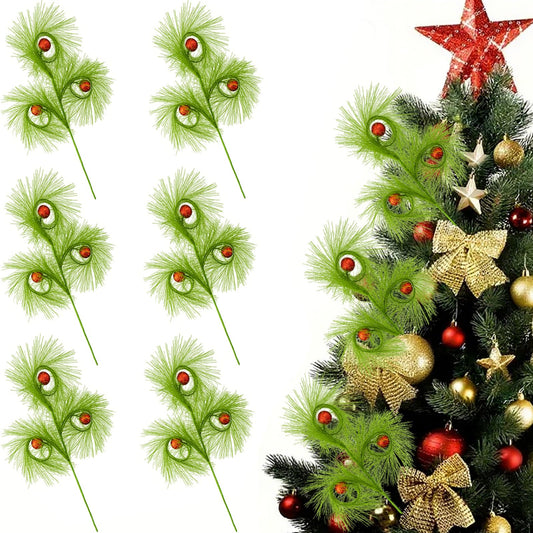 6 PCS 17" Christmas Tree Topper Christmas Floral Picks with 3 Red Ball,Xmas Artificial Flowers Wreath Green Stems,DIY Xmas Ornaments Crafts Winter Christmas Decorations Gift Wrapping