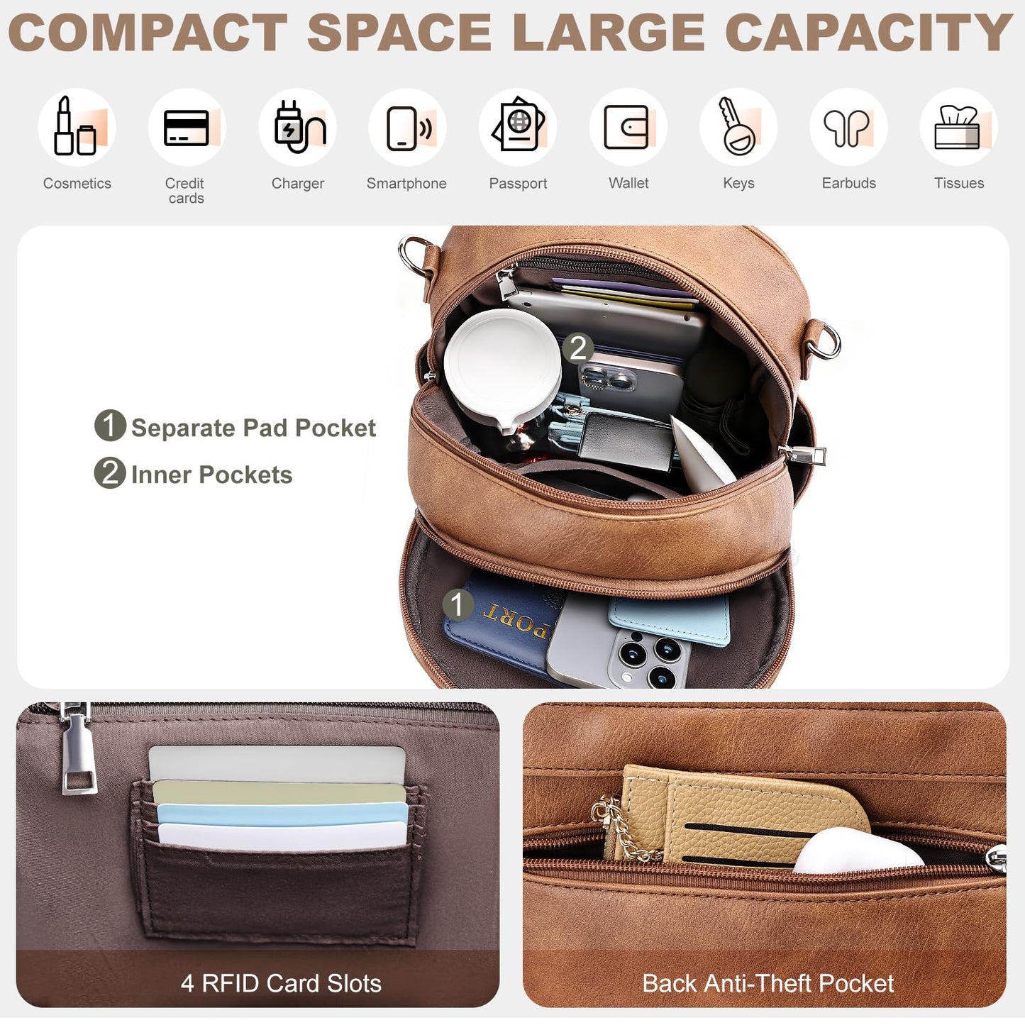 SYTRAH Small Backpack Purse for Women, Mini Backpack Vegan Leather with RFID Blocking & Tablet Pocket, Cute Shoulder Handbag for Travel, School & Work Brown