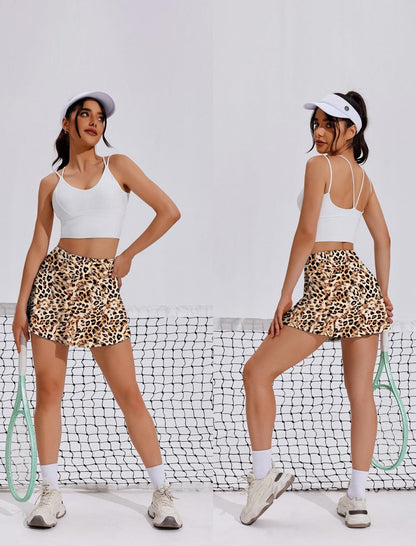 PINSPARK Tennis Skirts Women's Pleated Athletic Skirt Workout Casual Mini Skater Skorts with Built in Shorts,Leopard X-Small