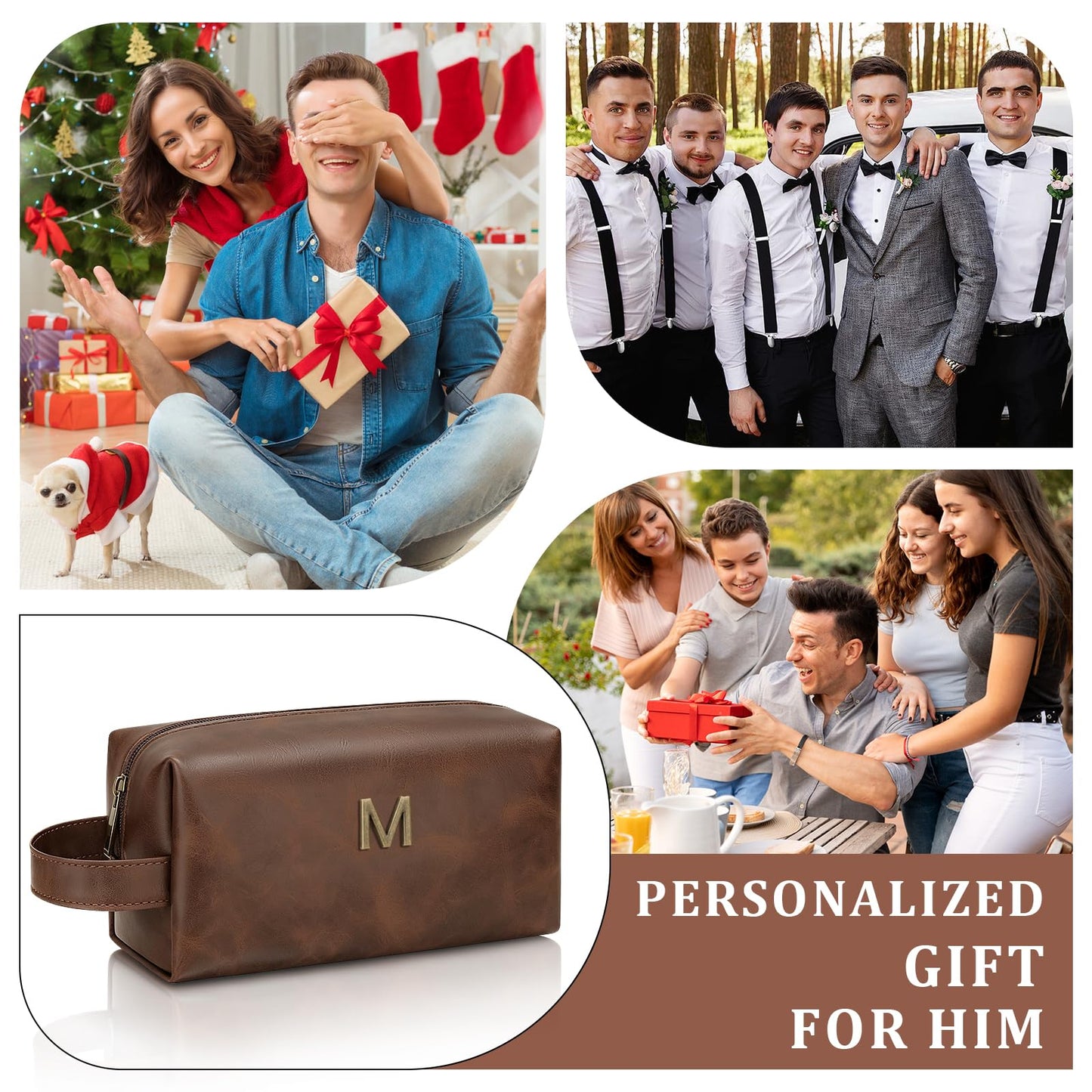 CLOUDWINGS Men’s Father's Day Personalized Gift Initial Travel Toiletry Bag for Him PU Leather Waterproof Shaving Bag for Travel Essentials Birthday Gift for Dad Husband Boyfriend (M)