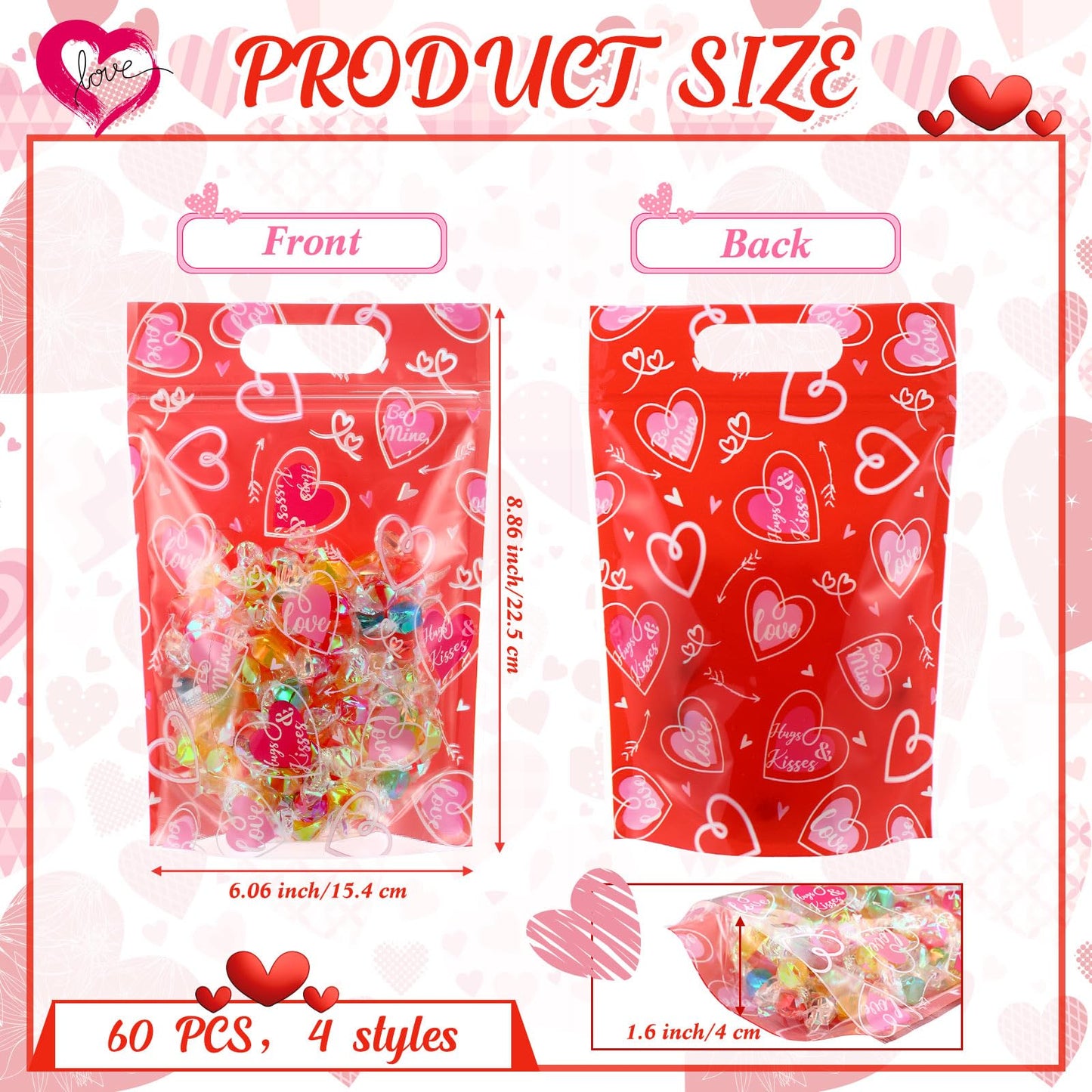 Pasimy 60 Pcs Valentine's Day Sealing Candy Bags with Zipper Love Heart Treat Goodie Bag Valentines Sealing Pouches with Handles Plastic for Valentines Party Favor Classroom Exchange Prizes Supplies