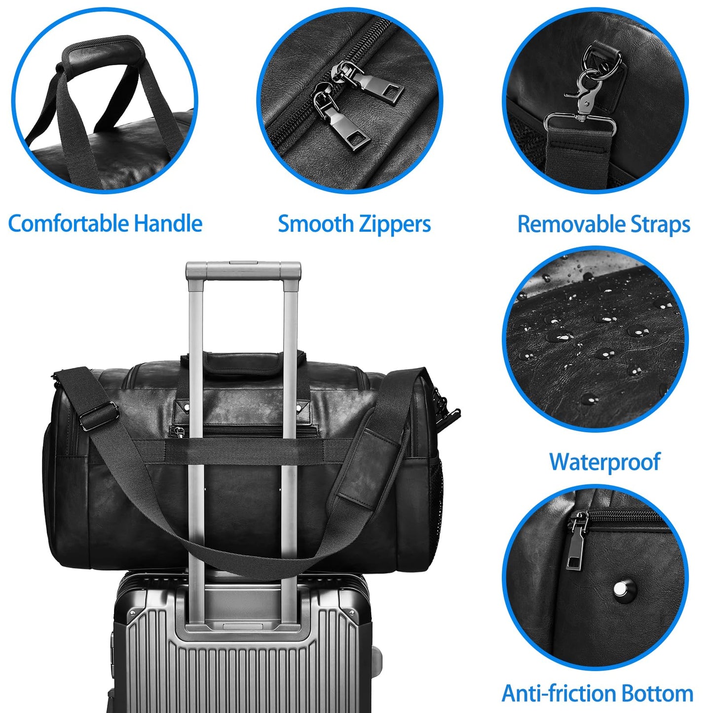 Leather Travel Duffle Bags for Men Women, Weekender Overnight Bag with Shoe Compartment Waterproof Carry on Duffle Bags for Airplanes Gym Sport Business Bag
