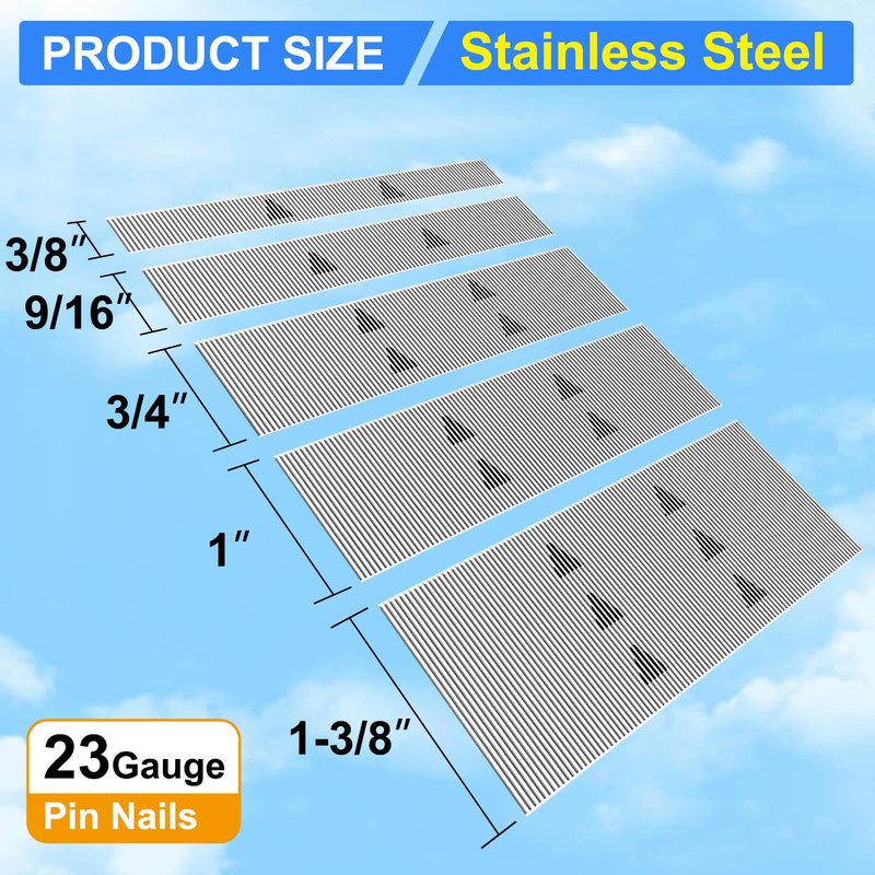 SimCos 23 Gauge Stainless Steel Pin Nails Headless Pinner Nails (3/8",9/16",3/4",1",1-3/8") Assorted 5 Sizes for Molding Cabinetry Building Assembly (5000)