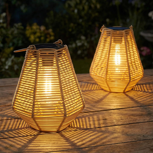 pearlstar Solar Lanterns Outdoor Waterproof 2Pack Rattan Woven Hanging/Table Solar Lights with Warm White Edison Light Bulbs for Patio Yard Garden Outside Boho Decor, Gifts for Mom Women
