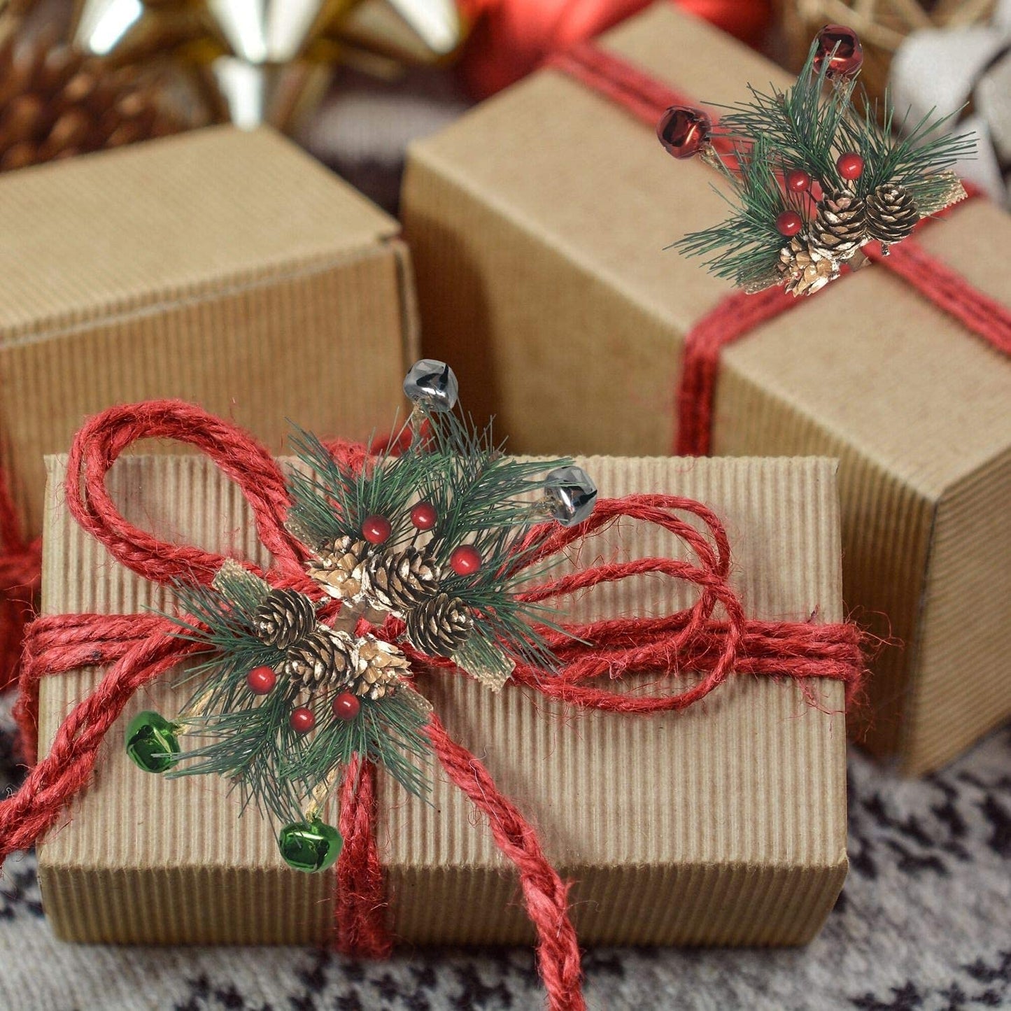 Christmas Bell Ornaments Set of 9 – Red, Green & Silver Jingle Bells with Pine Cones, Red Berries & Snowy Pine Greenery, Farmhouse Christmas Tree Decorations, Holiday Crafts & Wreath Accents, 6 Inch