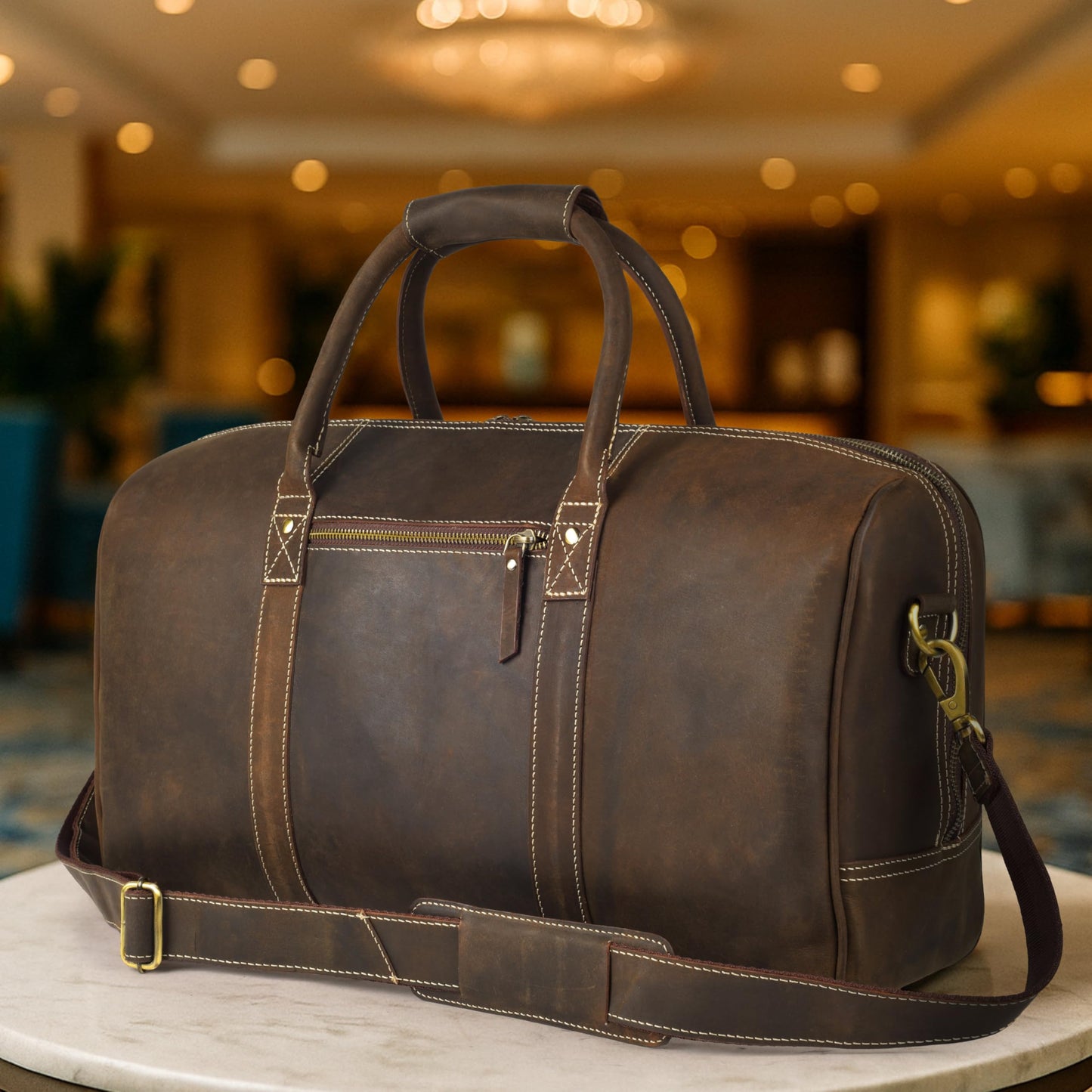 Rasavi Leather Duffel Bag for Men & Women – 20 Inch Travel Weekender, Carry-On, Overnight Travel, Sports & Gym Luggage Bag- Brown