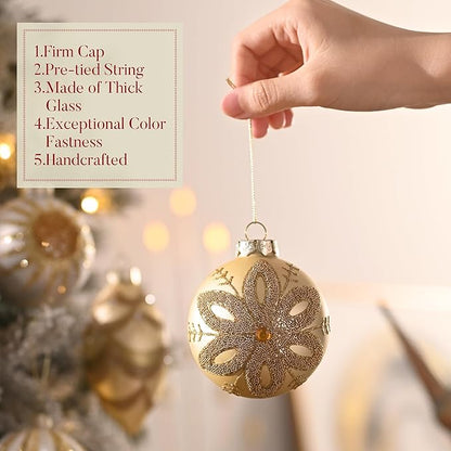Valery Madelyn Glass Christmas Ornaments Set, 10ct White Gold Mercury Blown Glass Christmas Tree Ball Decorations, Luxury Xmas Hanging Teardrop Finial Faceted Reflector for Holiday Decor
