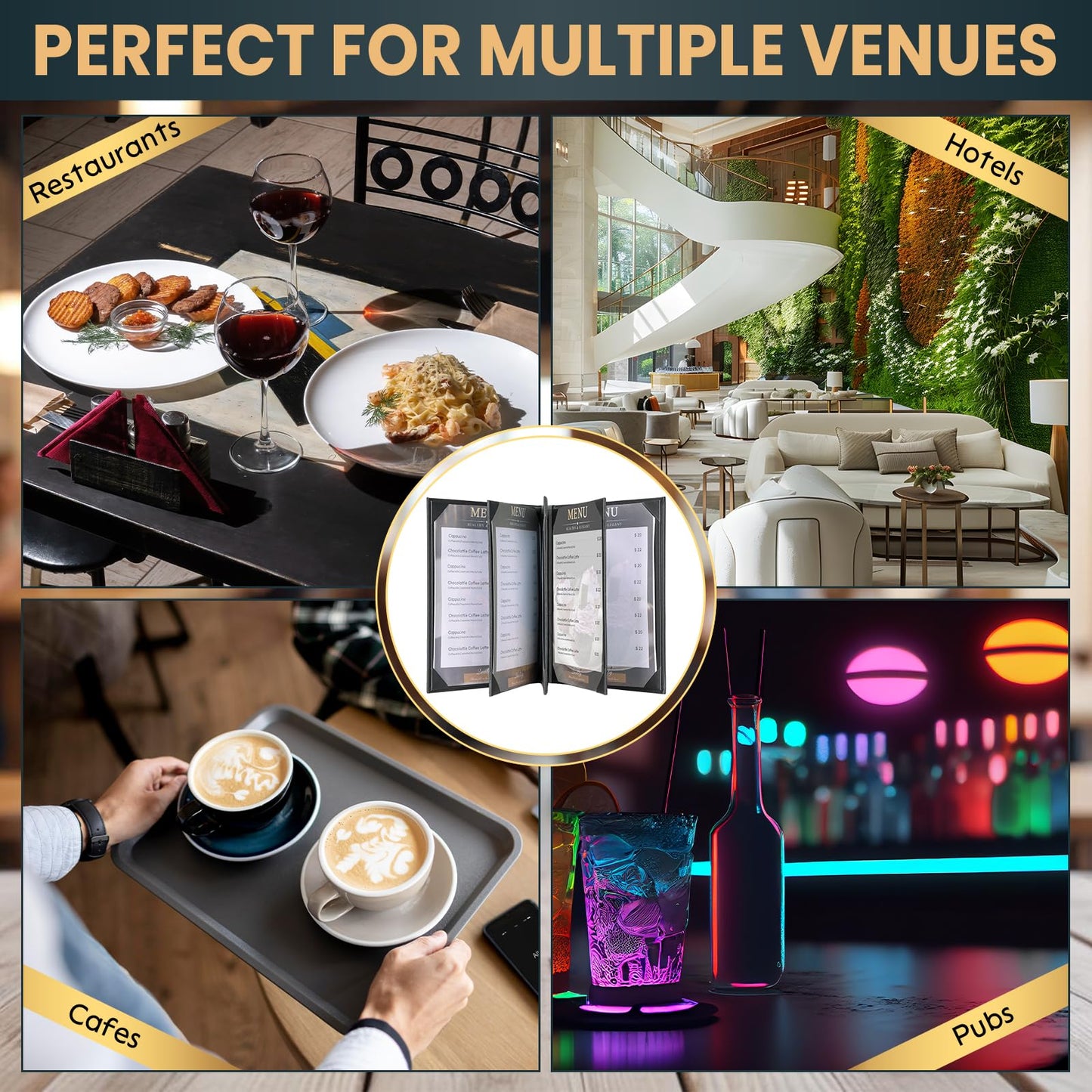 AMGSH 6 Pack 8 View Menu Holder Menu Covers 8.5" x 11" | Restaurant Menu Covers Diploma Cover Black Leather Menu Sleeves Book Style for Restaurant Coffee Bars Wine List Fit for Letter Size Paper