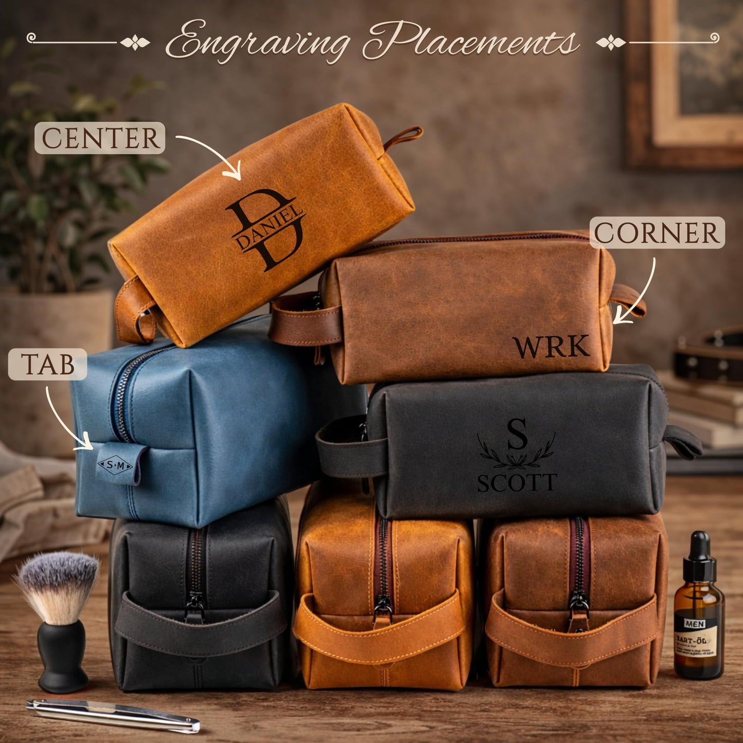Personalized Leather Toiletry Bag for Men - Handmade Custom Travel Size Dopp Kit, Gift for Graduation, Husband, Boyfriend, Birthday, Wedding, Anniversary, Groomsmen, Grandpa, Him, Father’s Day Gifts