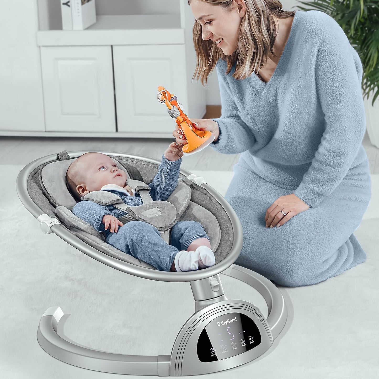 BabyBond Baby Swings for Infants, Bluetooth Infant Swing with Music Speaker, 3 Seat Positions, 5 Point Harness Belt, 5 Speeds and Remote Control - Portable Baby Swing for Indoor and Outdoor (Silver)
