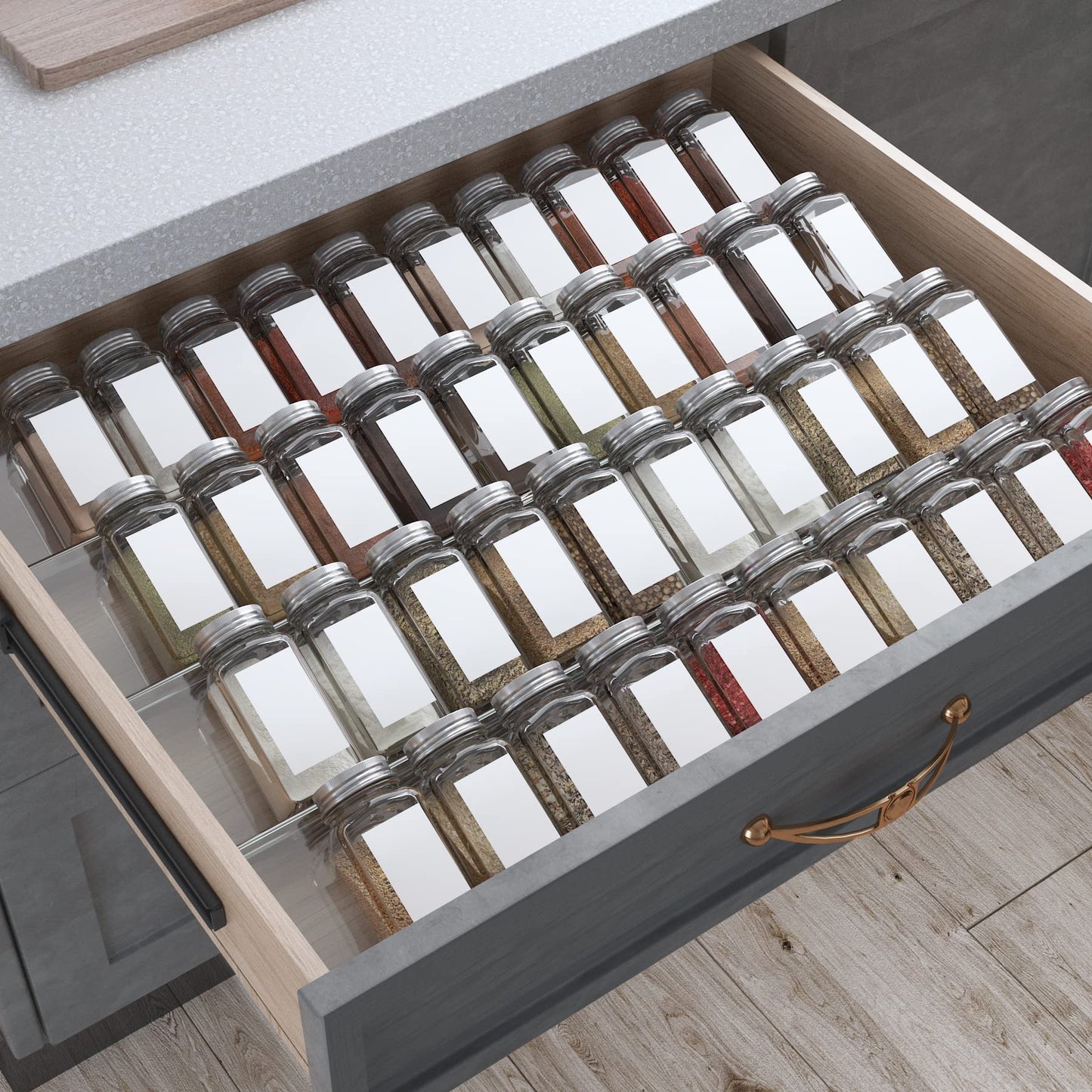 Antimbee Spice Drawer Organizer, 4 Tier- 4 Pack Acrylic Spice Rack Tray for Drawer, Expandable From 13" to 26" Kitchen Spice Rack Tray for Countertop Holds up 28 Spice Jars (Jars not Include)