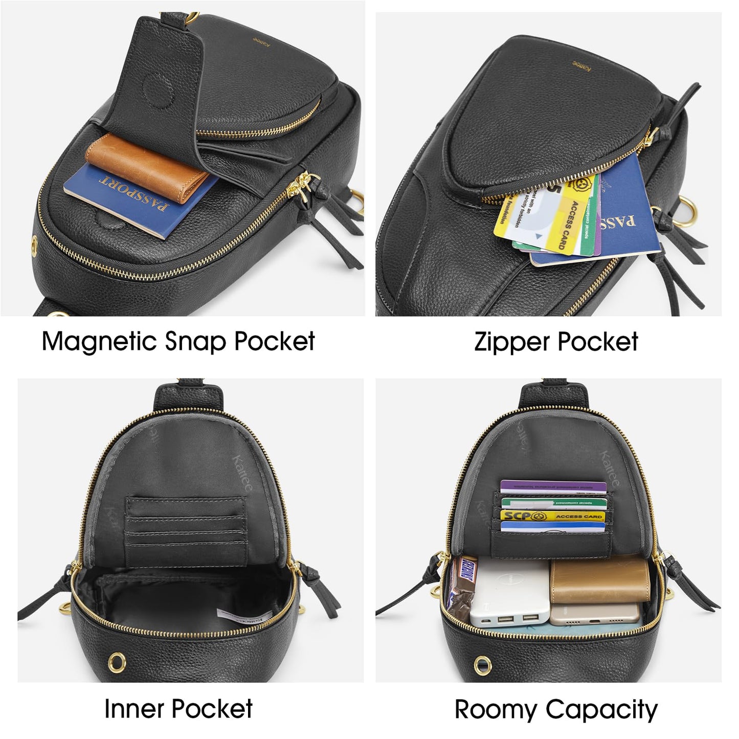 Kattee Sling Bag for Women, Leather Fanny Packs Crossbody Purse, Small Chest Bag with RFID Blocking, Black