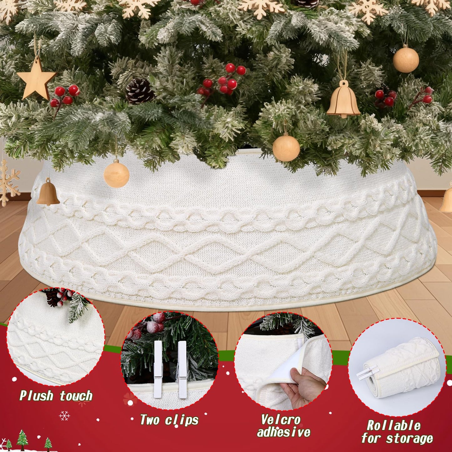 ASTNIC Knitted Christmas Tree Collar, Cable Knit Christmas Tree Skirt Xmas Tree Stand Base Cover Rustic Handmade Tree Ring Tree Skirt for Artificial Trees Christmas Farmhouse Home Decor (White)