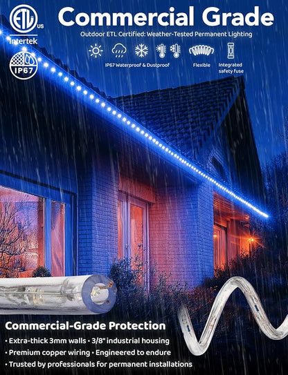 WYZworks 3312LEDs 300ft LED Outside Rope Lights, Outdoor ETL Certified Waterproof Permanent 360 Degree Light Emitting, Flexible Tube, Connectable, Christmas Palm Tree Exterior Landscape, Blue