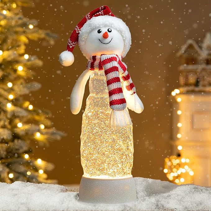 Christmas Snowman Decorations, Lighted Snowman Plush Swirling Glitter Musical Christmas Snow Globe, Christmas Water Lantern Ornaments for Festival Decoration Gifts
