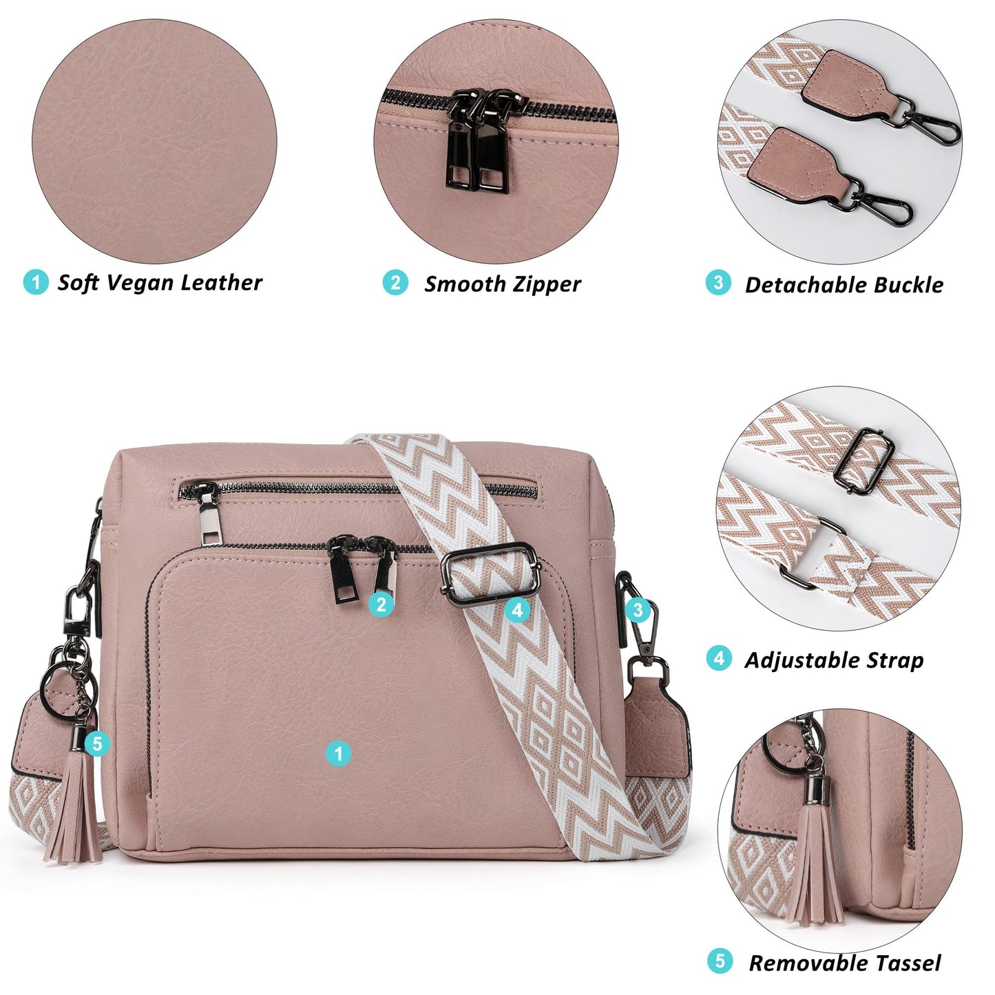 TANTOMI Crossbody Bags for Women Trendy Crossbody Purse Shoulder Handbags Vegan Leather Built in Wallet for Traver-Pink