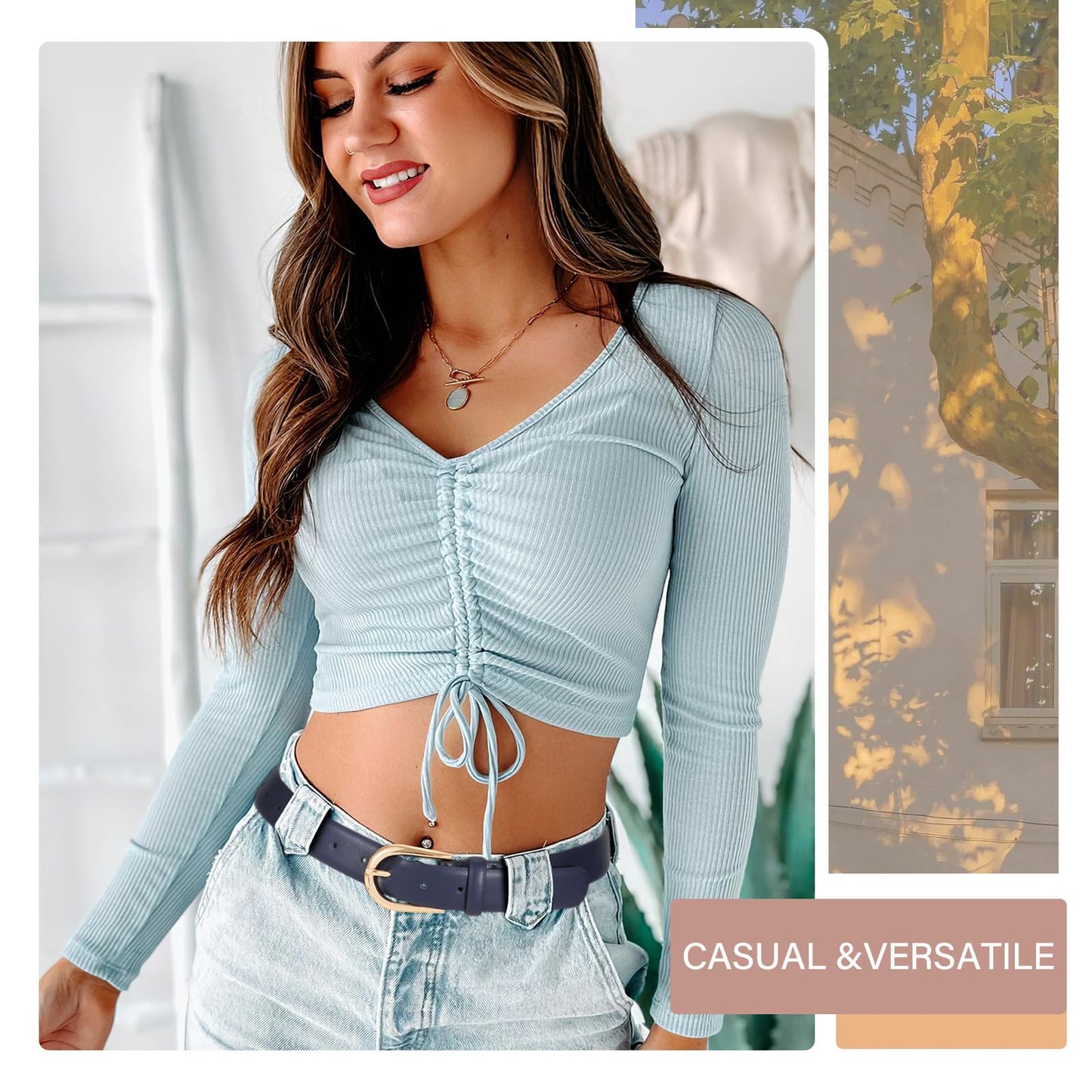 SANSTHS Women Belt for Jeans Pants Fashion Gold Buckle Ladies Dress Waist Belt,Navy,M