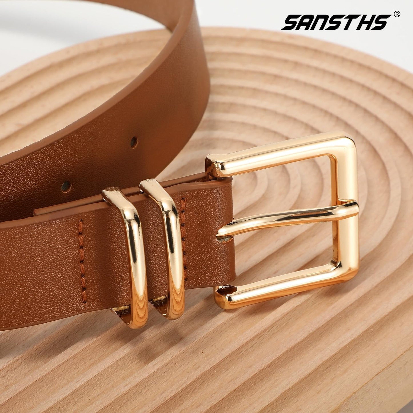 SANSTHS 3 PACK Women Leather Belts for Jeans Pants Dresses Fashion Ladies Waist Belt with Gold Square Buckle,Black Brown Coffee,S