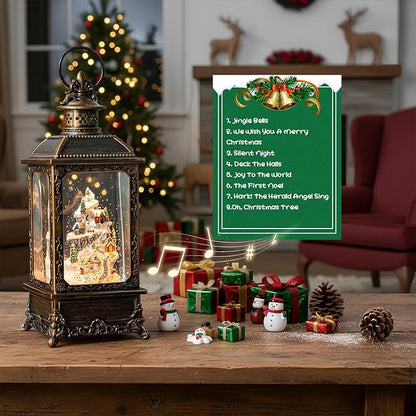 Christmas Village Buildings Snow Globe Lantern Water Glittering Snowman Family with Music & Timer, USB Lined/Battery Operated Lighted Lantern for Christmas Festival Decoration Gifts