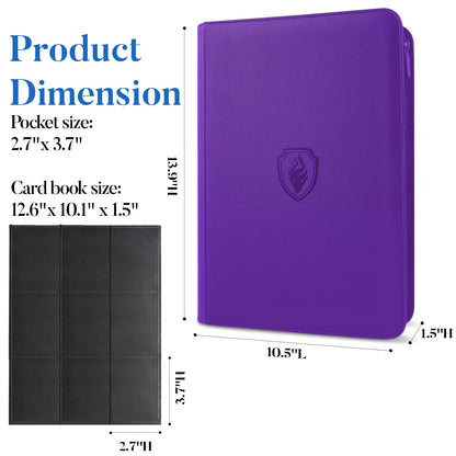 Premium Zip Card Binder, Fabmaker 9 Pocket Trading Card Binder, PU Cover Zipper Card Collection Album, Sturdy 360 Side-Loading Card Folder Holder for Game & Sports Cards, Purple