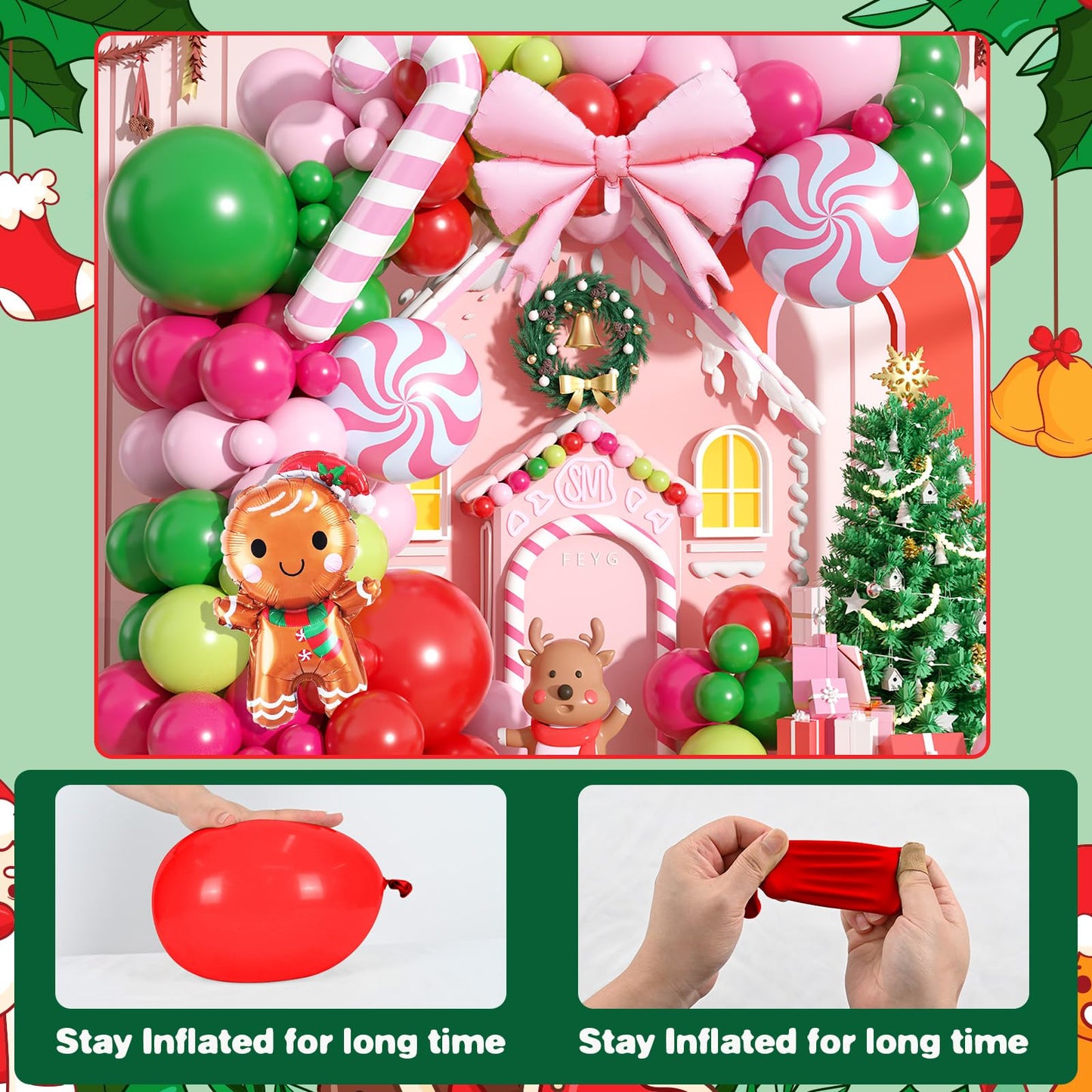 Christmas Balloons Arch Kit, 125 PCS Hot Pink Green Red Christmas Balloons, Gingerbread Balloon Garland with Candy Cane Bow & Gingerbread Foil Decorations for Party