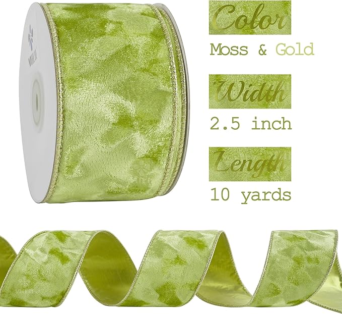 MEEDEE 2.5 inch Moss Green and Gold Velvet Ribbon 10 Yards Roll Two Tone Thick Wired Ribbon for Christmas Tree, Gift Wrapping, Velvet Bow, Wreaths, Crafts Supply, Seasonal Decorations