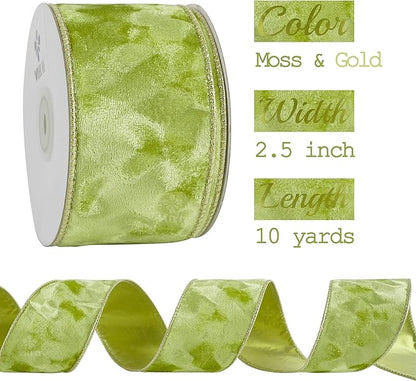 MEEDEE 2.5 inch Moss Green and Gold Velvet Ribbon 10 Yards Roll Two Tone Thick Wired Ribbon for Christmas Tree, Gift Wrapping, Velvet Bow, Wreaths, Crafts Supply, Seasonal Decorations
