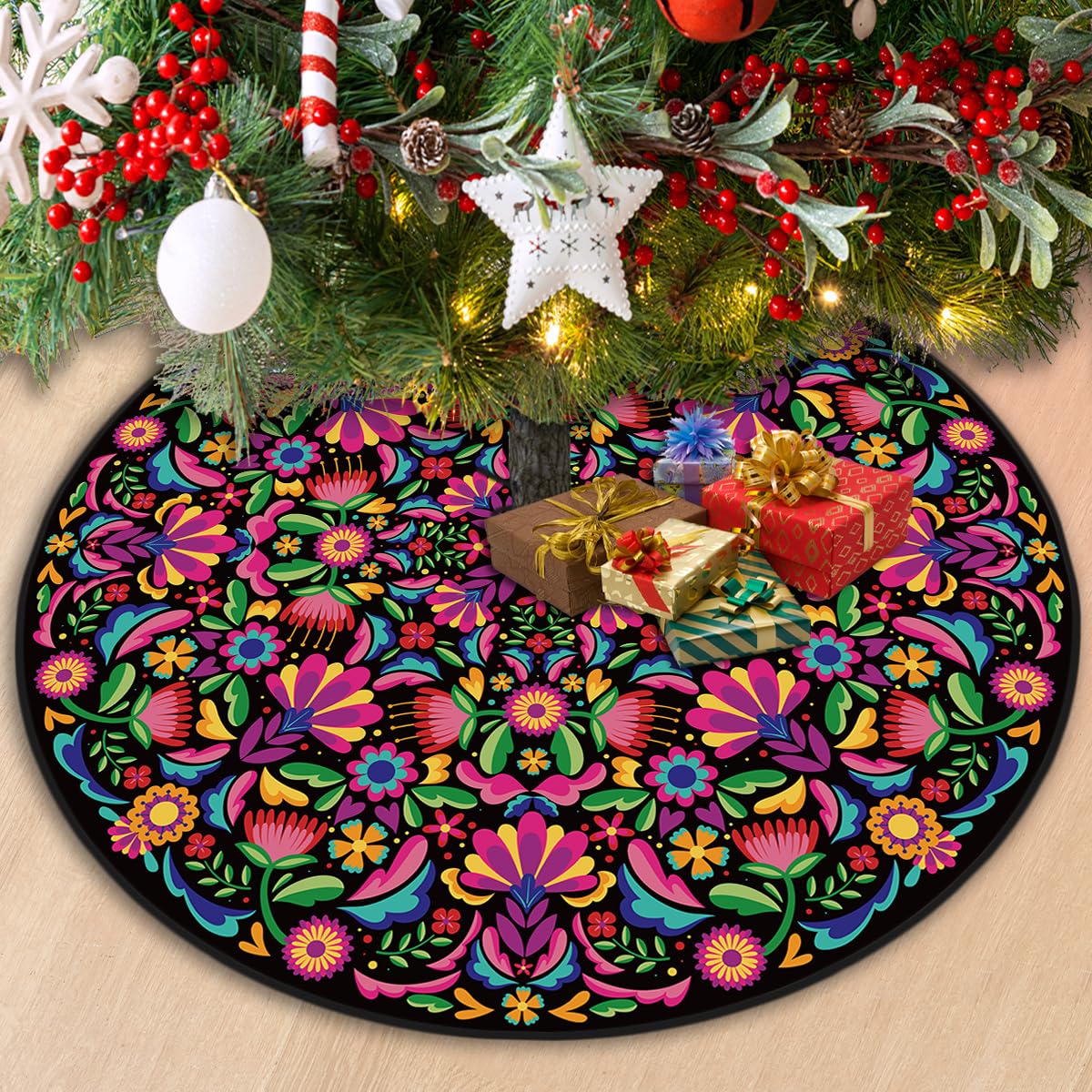 Mexican Christmas Tree Skirt 48 Inch Feliz Navidad Tree Collar Mexico Dahlia Tree Decor Mexican New Year Xmas Decor Christmas Decorations for Home Party