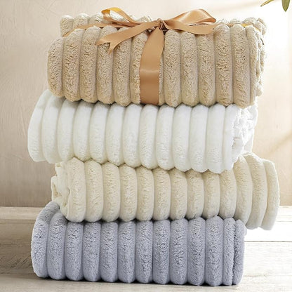 decorUhome Soft Fleece Brown Throw Blanket for Couch, Cozy Fluffy Plush Flannel Striped Blanket for Sofa Bed, Lightweight Decorative Ribbed Fuzzy Blanket for Woman, 50x60 Inches
