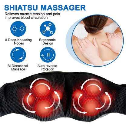 Neck and Shoulder Massager with Heat Shiatsu Back Massage Pillow with 3D Deep Tissue Kneading for Foot, Legs, Body Muscle Pain Relief, Use at Home, Office & Car