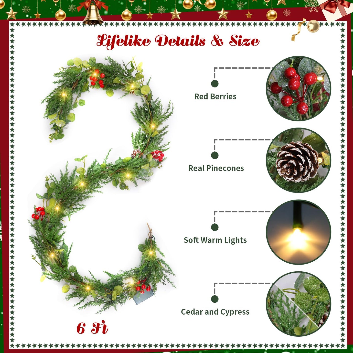6FT Prelit Christmas Garland with Lights, Realistic Eucalyptus Garland with Artificial Cedar Cypress Leaves Red Berries Pine Cone Greenery Xmas Garland for Mantle Stair Railing Fireplace Decoration