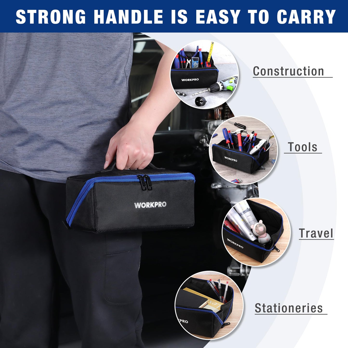 WORKPRO Tool Bag with Zipper, 10" Utility Wide Mouth Heavy Duty Tool Storage Bag, Multipurpose Zipper Tool Pouch Tote Bag for Organizer 3-pack